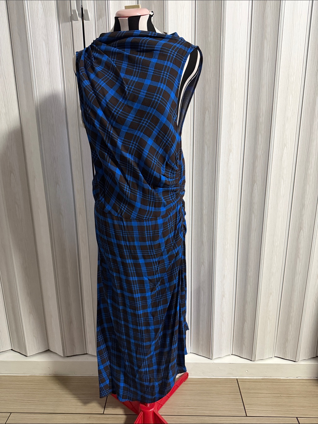 Adrianna Papell Black And Blue Plaid Draped Asymmetrical Dress